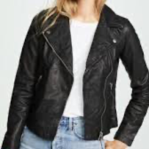 Madewell Women Black Washed Leather Motorcycle Jacket Brass hardware (S) NC112 - Picture 1 of 4